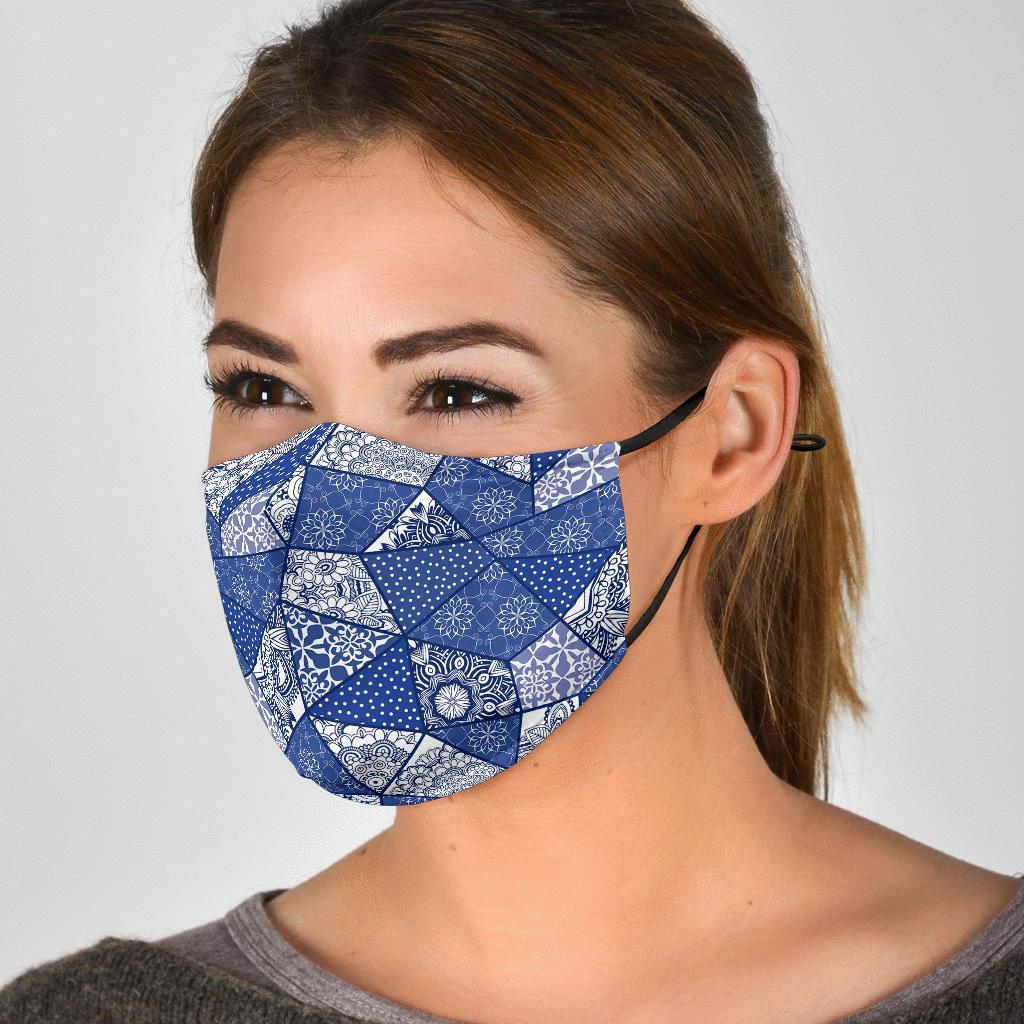 Blue Patchwork Pattern Print Face Mask-grizzshop