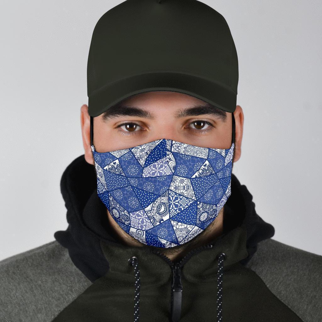 Blue Patchwork Pattern Print Face Mask-grizzshop