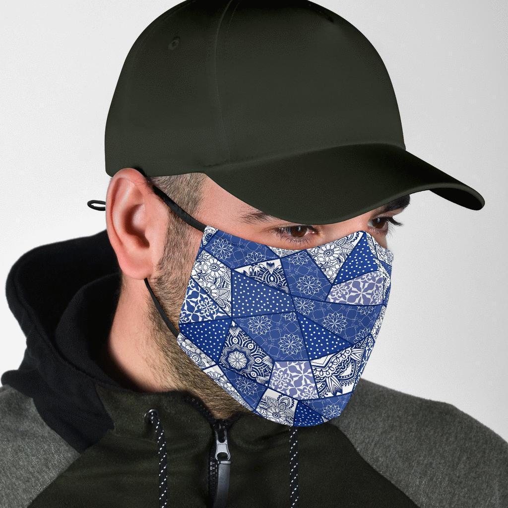 Blue Patchwork Pattern Print Face Mask-grizzshop