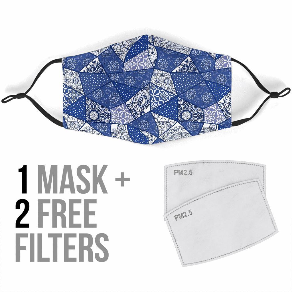 Blue Patchwork Pattern Print Face Mask-grizzshop