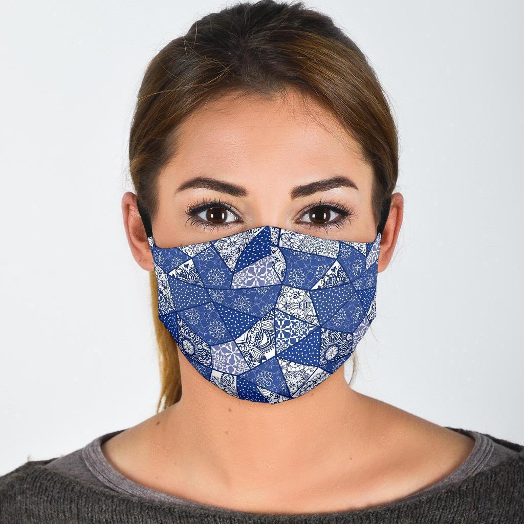 Blue Patchwork Pattern Print Face Mask-grizzshop