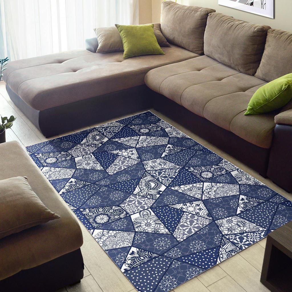 Blue Patchwork Pattern Print Floor Mat-grizzshop