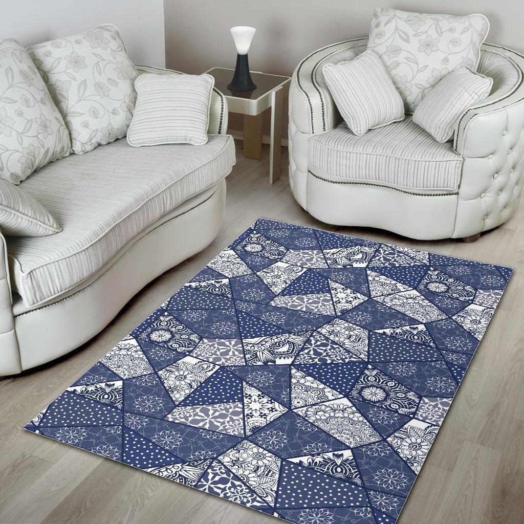 Blue Patchwork Pattern Print Floor Mat-grizzshop