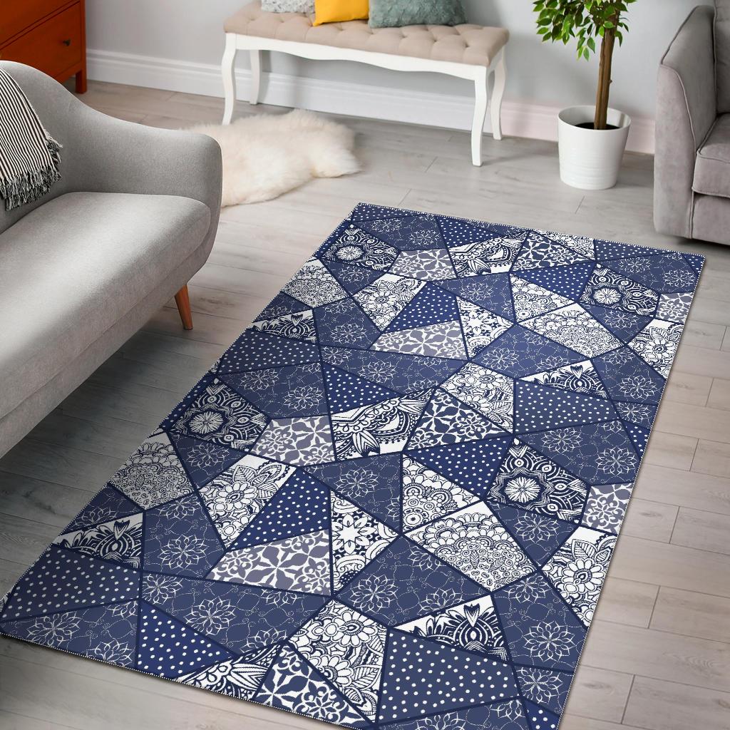 Blue Patchwork Pattern Print Floor Mat-grizzshop