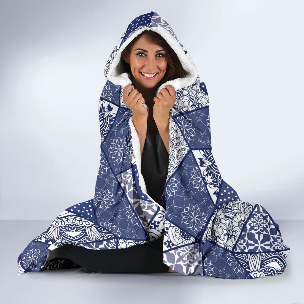 Blue Patchwork Pattern Print Hooded Blanket-grizzshop