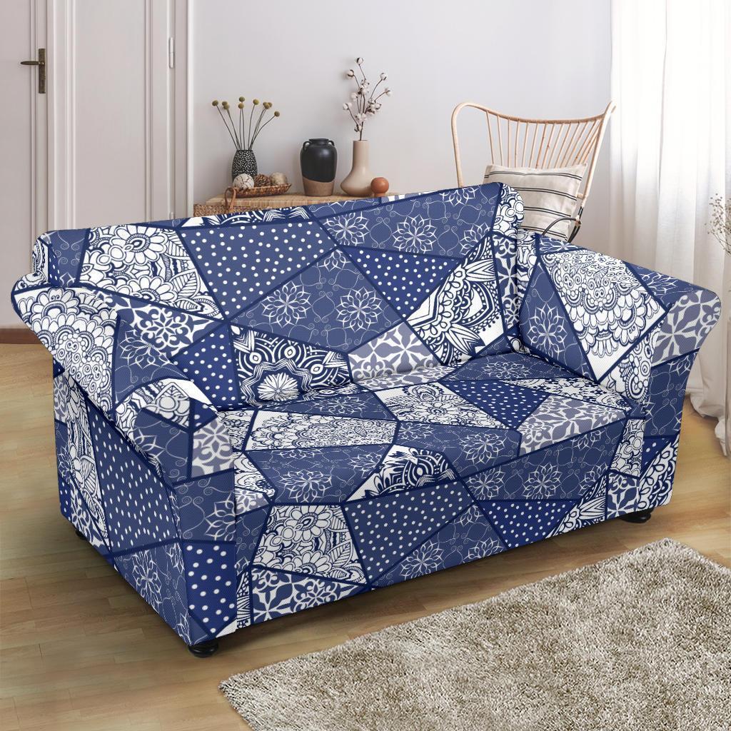 Blue Patchwork Pattern Print Loveseat Cover-grizzshop