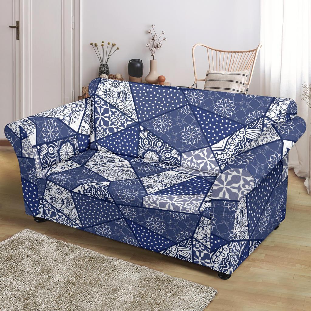 Blue Patchwork Pattern Print Loveseat Cover-grizzshop