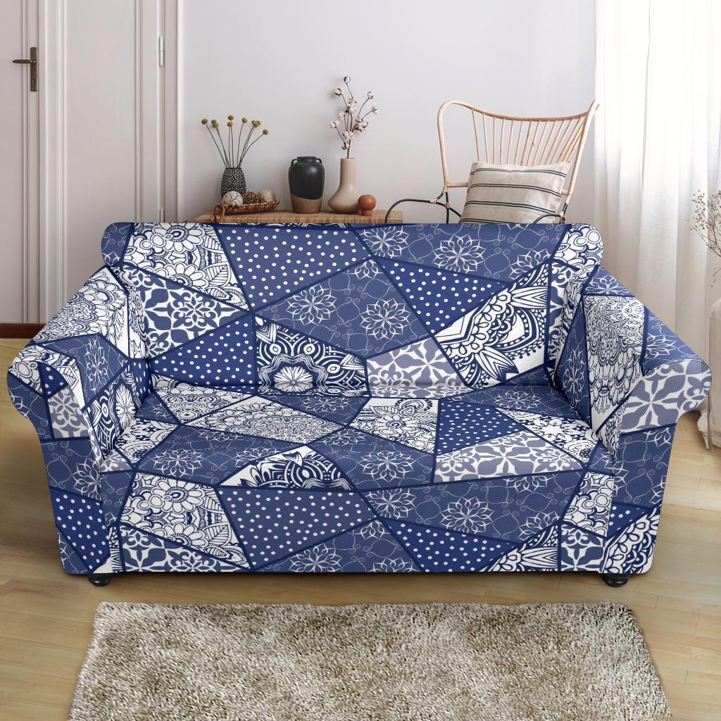 Blue Patchwork Pattern Print Loveseat Cover-grizzshop