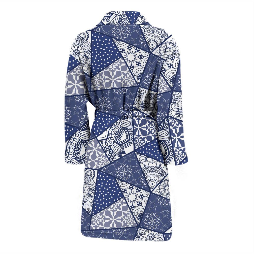 Blue Patchwork Pattern Print Men Long Robe-grizzshop