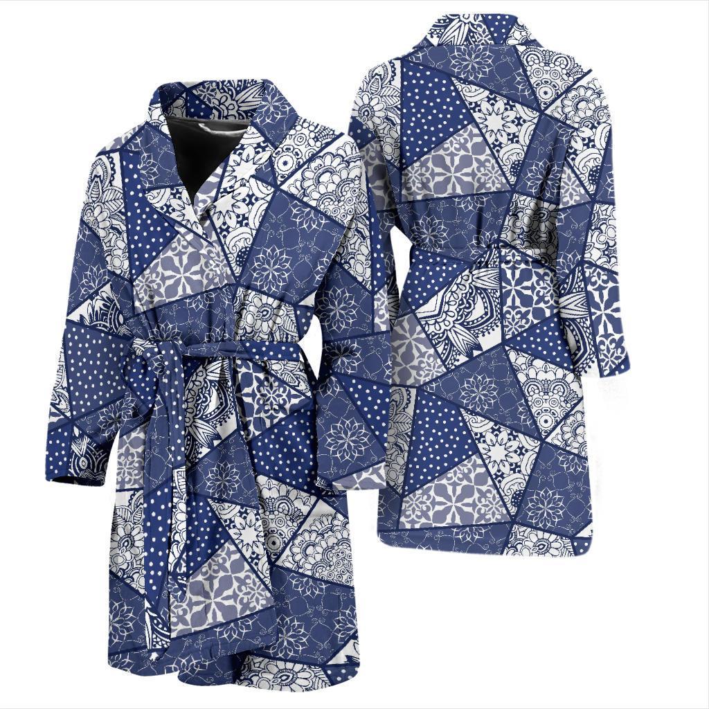 Blue Patchwork Pattern Print Men Long Robe-grizzshop