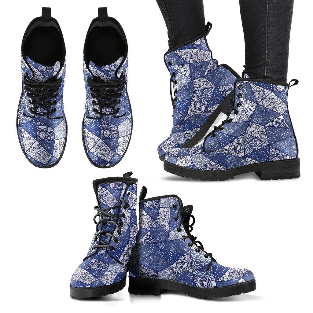 Blue Patchwork Pattern Print Men Women Leather Boots-grizzshop