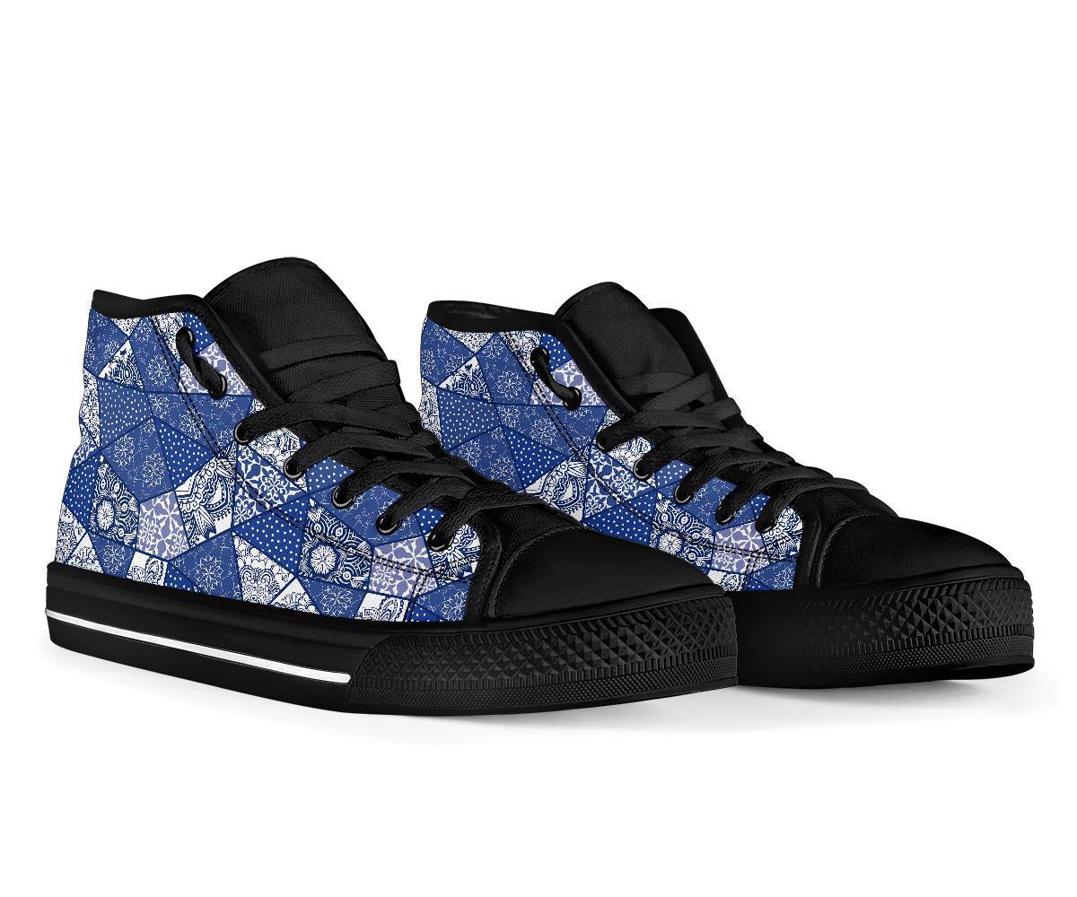 Blue Patchwork Pattern Print Men Women's High Top Shoes-grizzshop