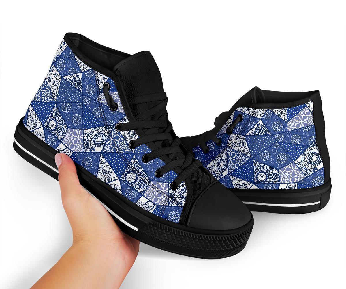 Blue Patchwork Pattern Print Men Women's High Top Shoes-grizzshop