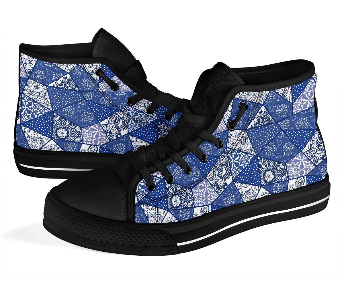 Blue Patchwork Pattern Print Men Women's High Top Shoes-grizzshop