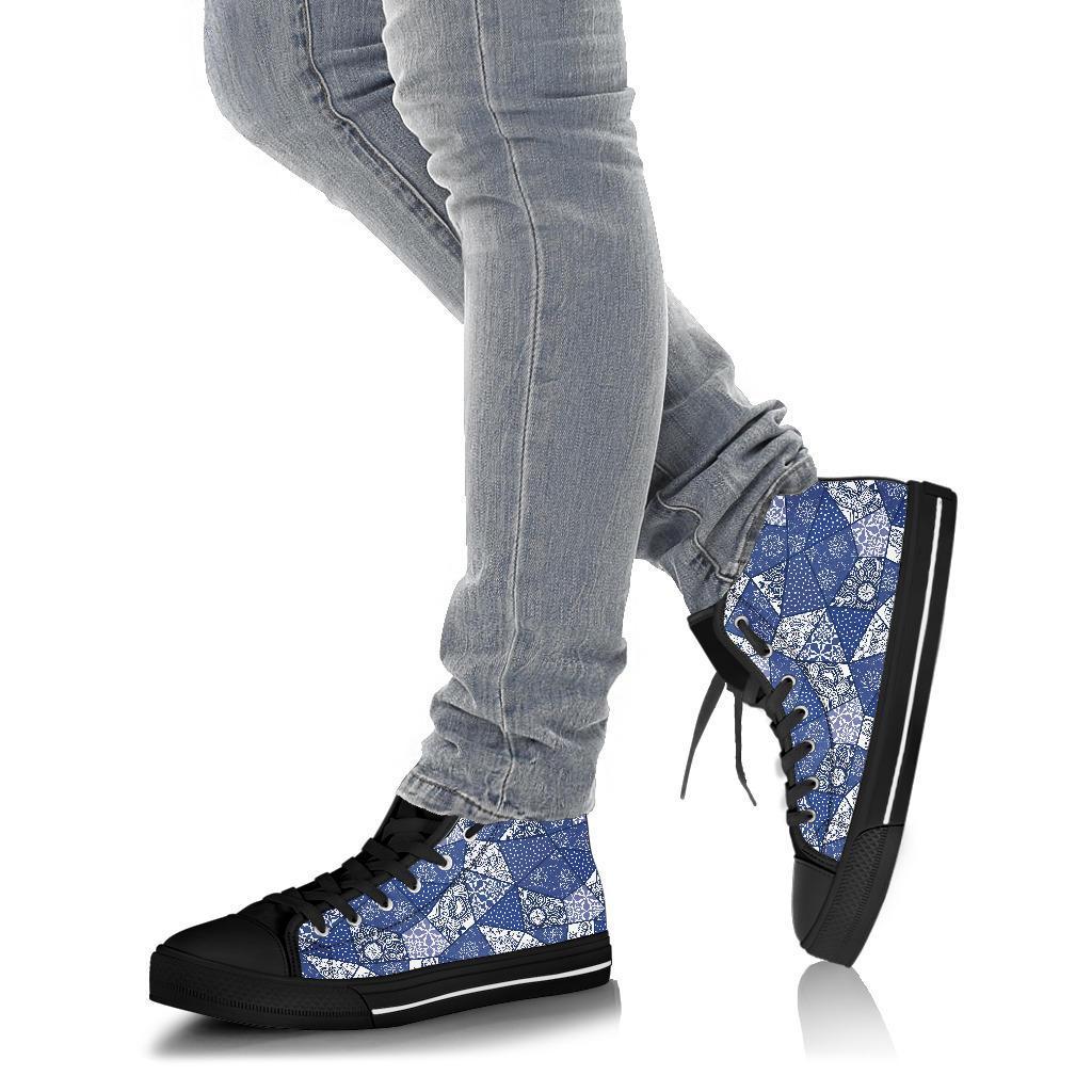 Blue Patchwork Pattern Print Men Women's High Top Shoes-grizzshop