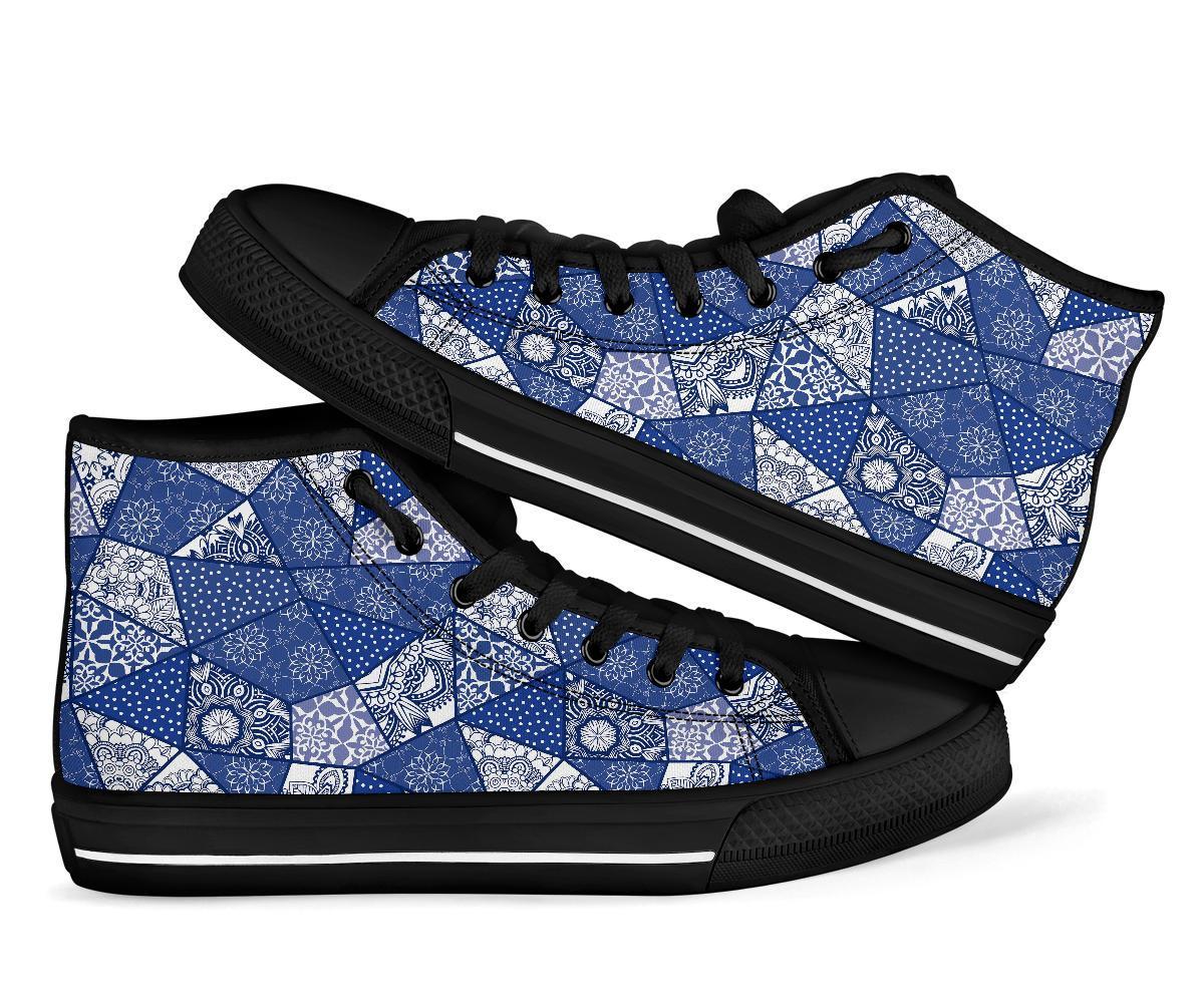 Blue Patchwork Pattern Print Men Women's High Top Shoes-grizzshop