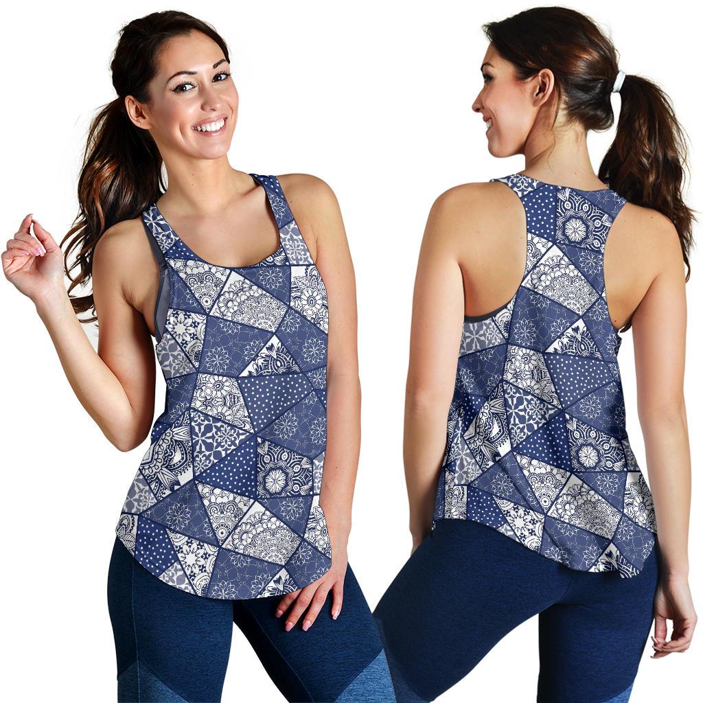 Blue Patchwork Pattern Print Racerback Tank Tops-grizzshop
