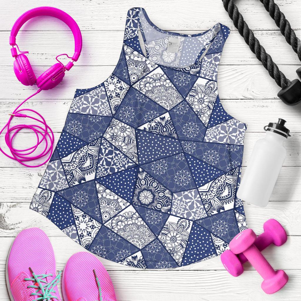Blue Patchwork Pattern Print Racerback Tank Tops-grizzshop