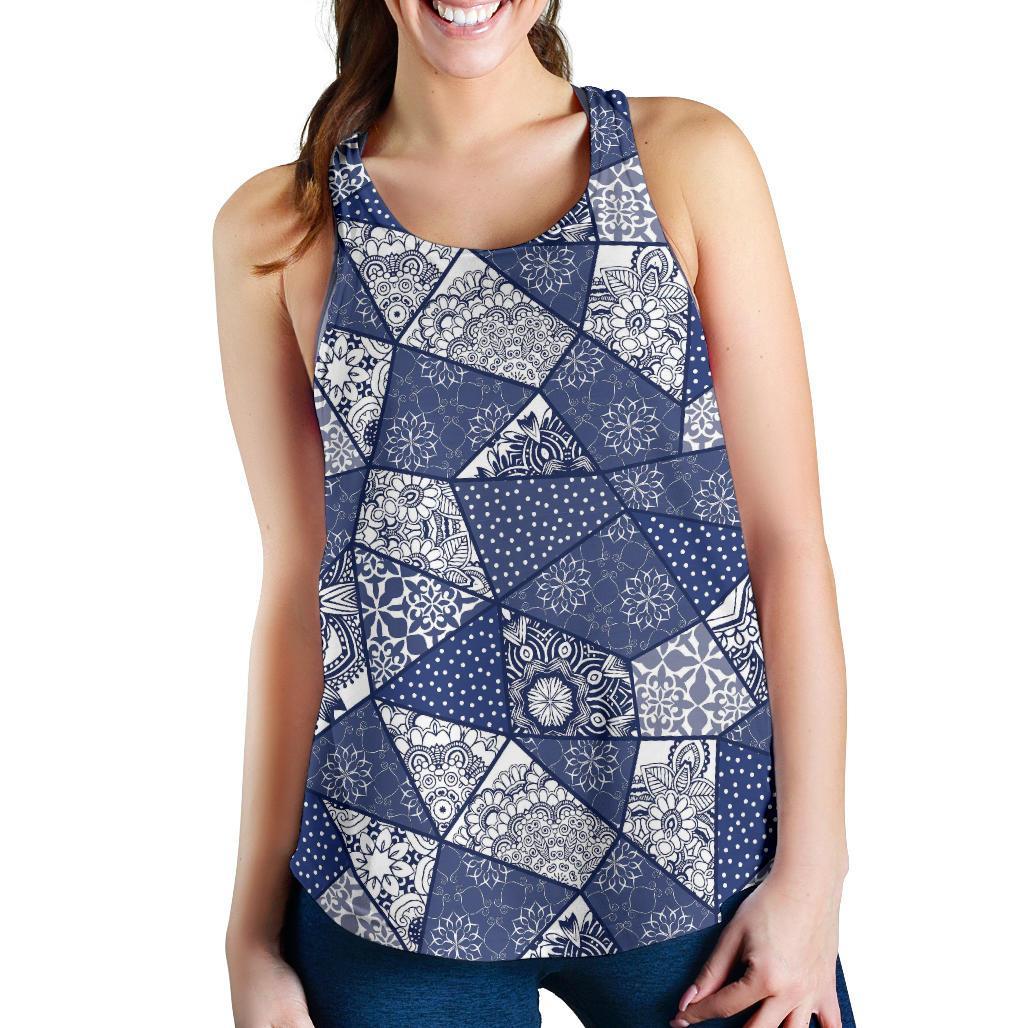 Blue Patchwork Pattern Print Racerback Tank Tops-grizzshop