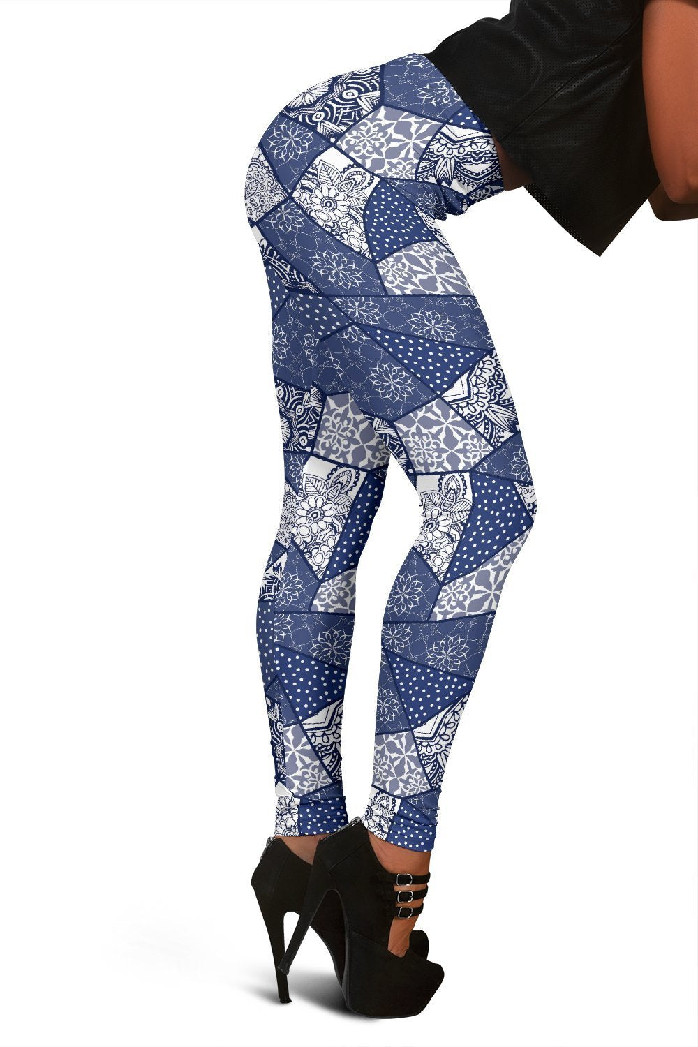 Blue Patchwork Pattern Print Women Leggings-grizzshop