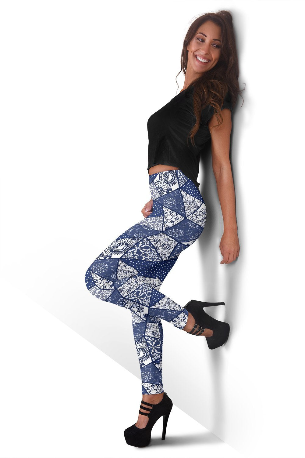 Blue Patchwork Pattern Print Women Leggings-grizzshop