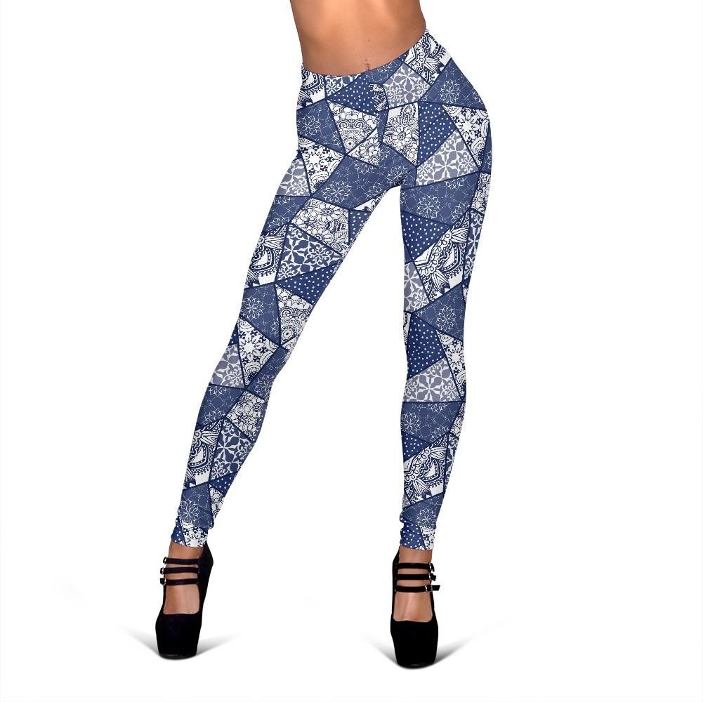 Blue Patchwork Pattern Print Women Leggings-grizzshop