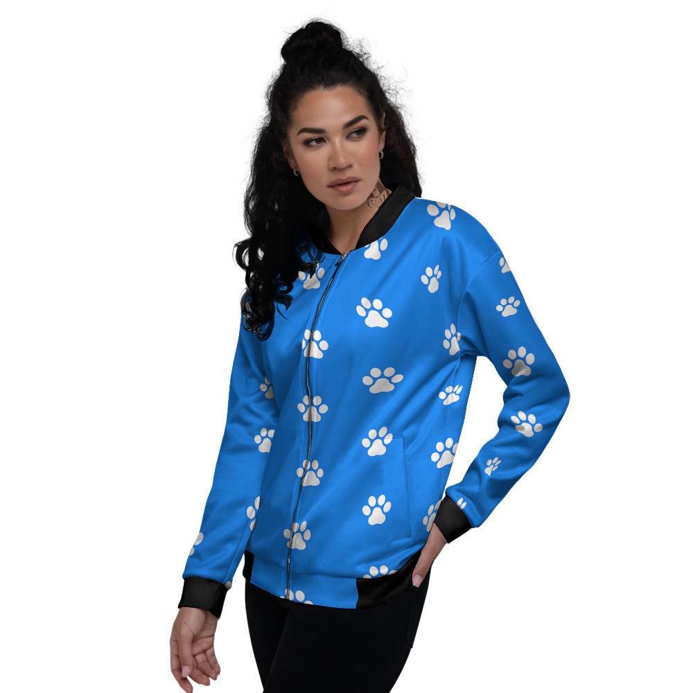 Blue Paw Print Women's Bomber Jacket-grizzshop