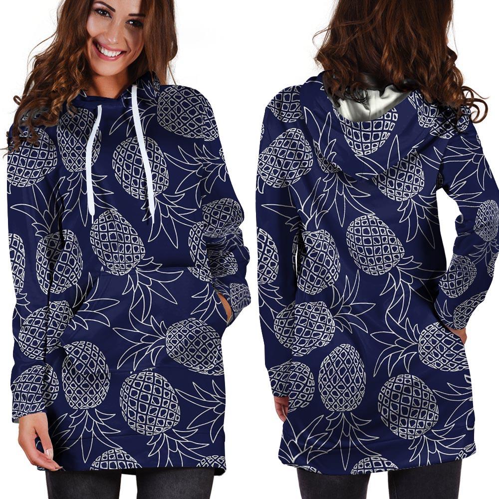 Blue Pine Pineapple Print Hoodie Dress-grizzshop