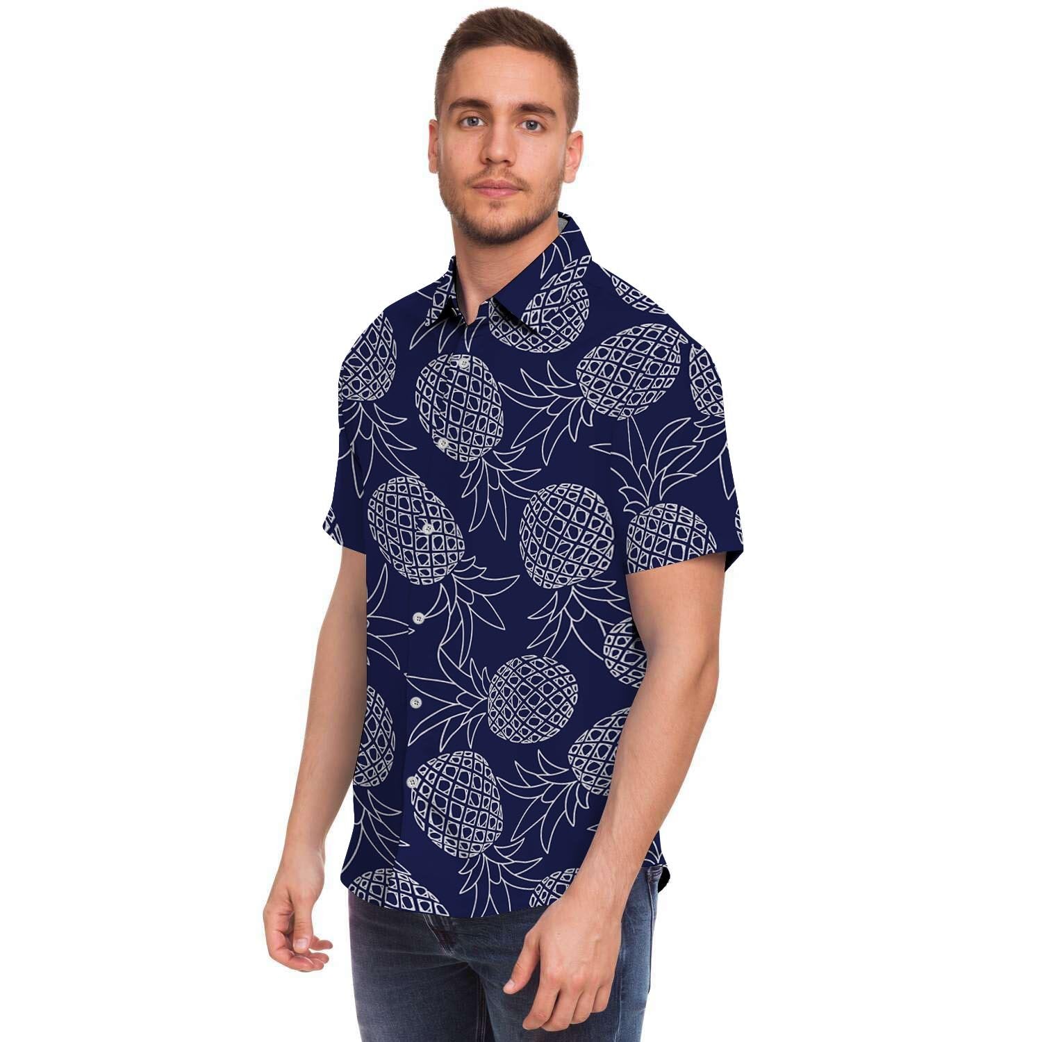 Blue Pine Pineapple Print Men's Short Sleeve Shirt-grizzshop