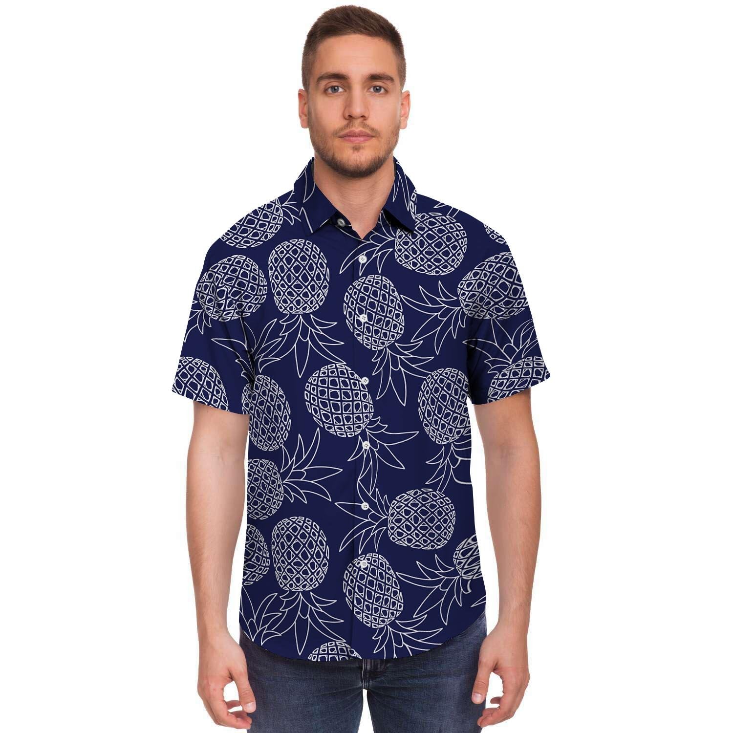 Blue Pine Pineapple Print Men's Short Sleeve Shirt-grizzshop