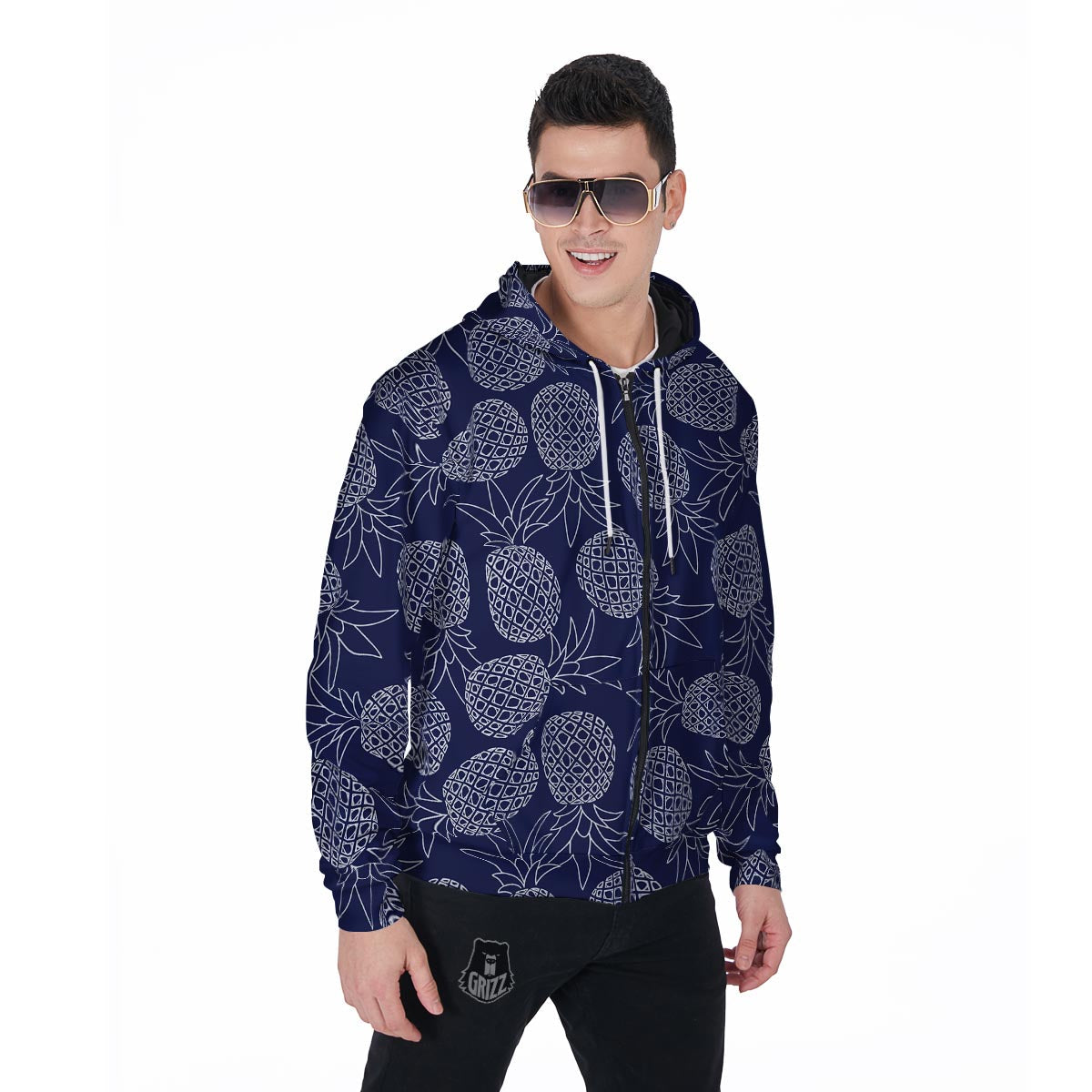 Blue Pine Pineapple Print Men's Zip Up Hoodie-grizzshop