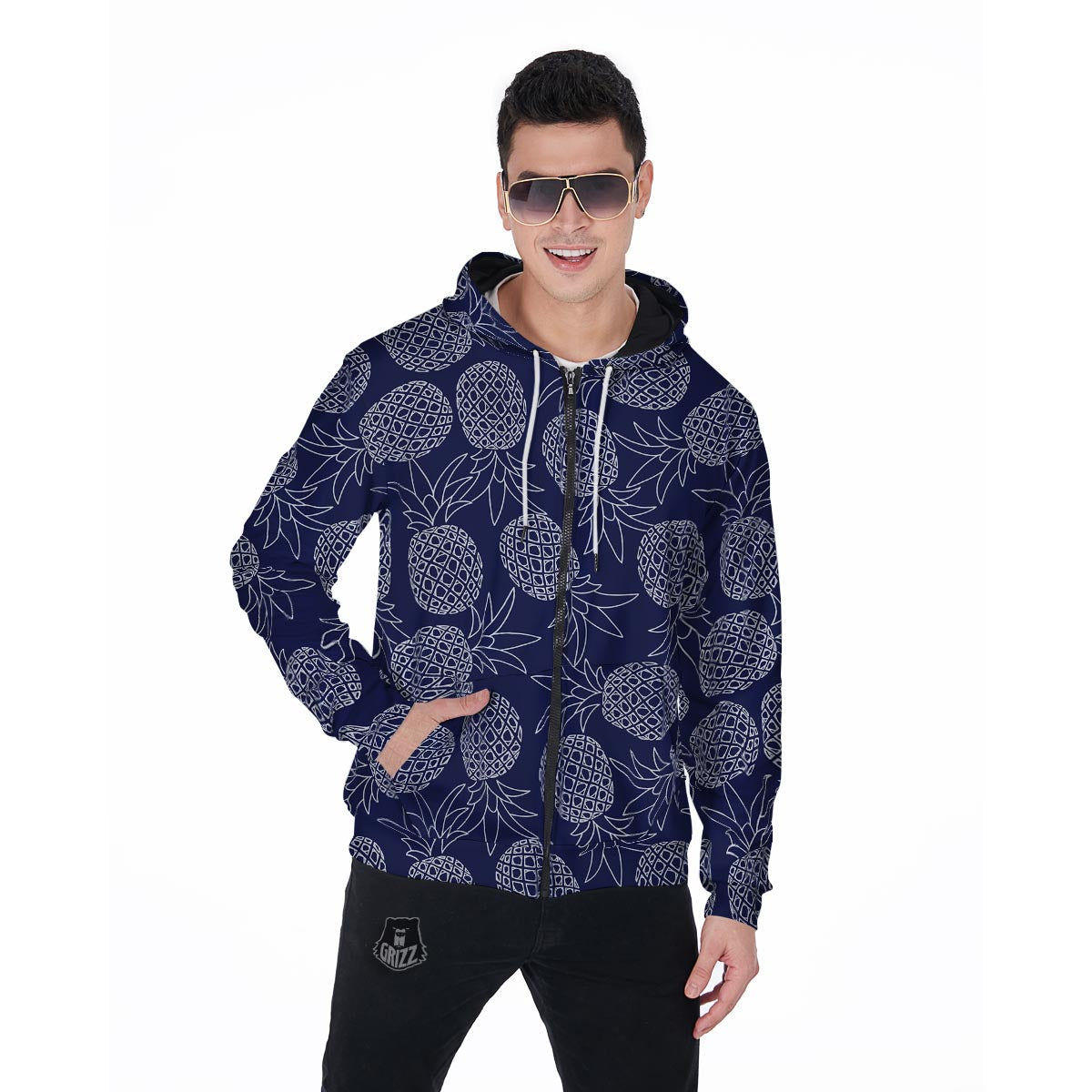 Blue Pine Pineapple Print Men's Zip Up Hoodie-grizzshop
