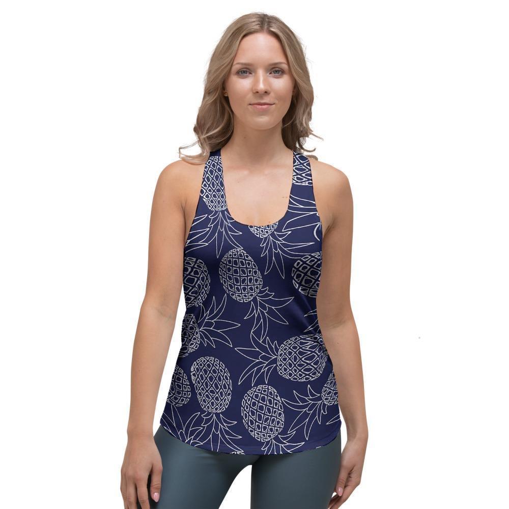 Blue Pine Pineapple Print Women's Racerback Tank Top-grizzshop