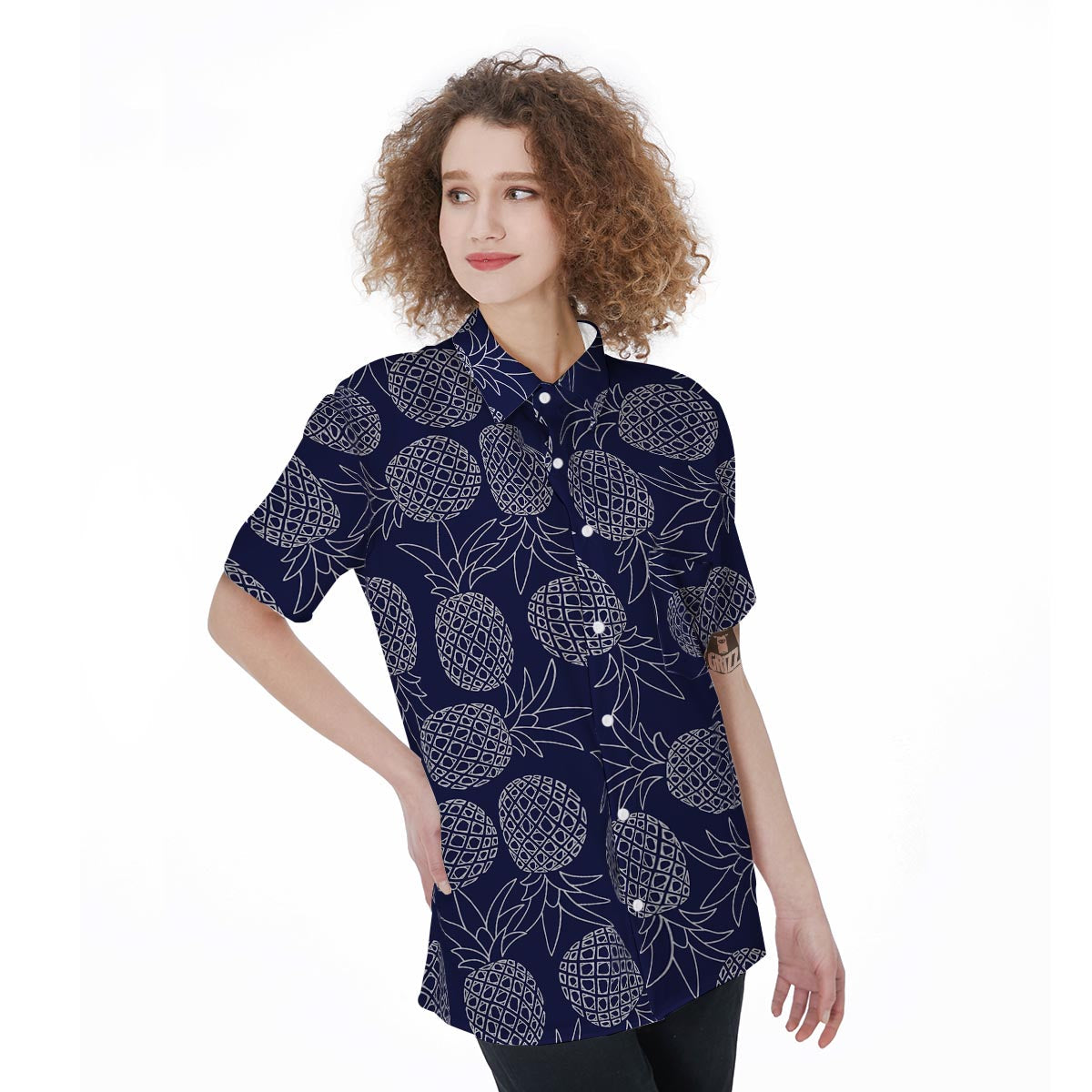 Blue Pine Pineapple Print Women's Short Sleeve Shirts-grizzshop