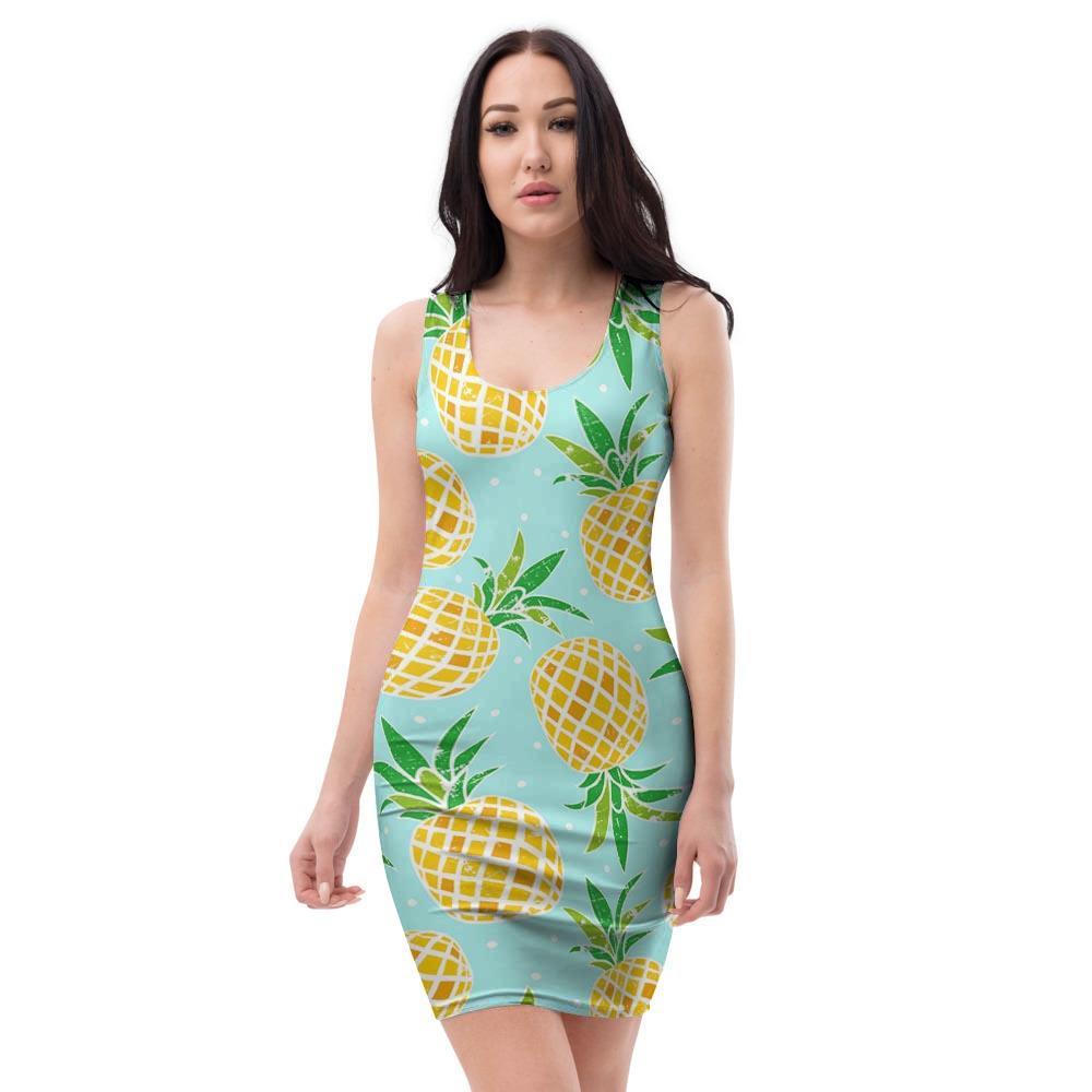 Blue Pineapple Print Bodycon Dress-grizzshop