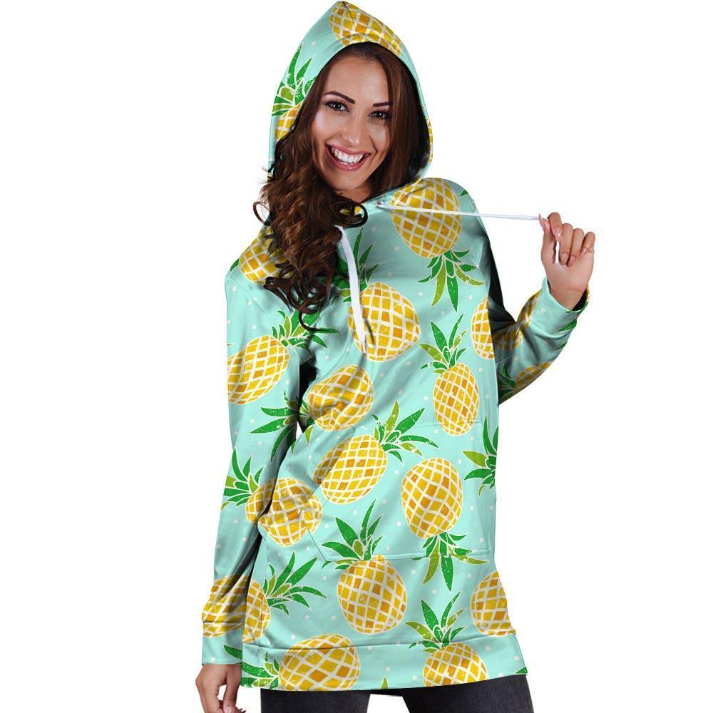 Blue Pineapple Print Hoodie Dress-grizzshop