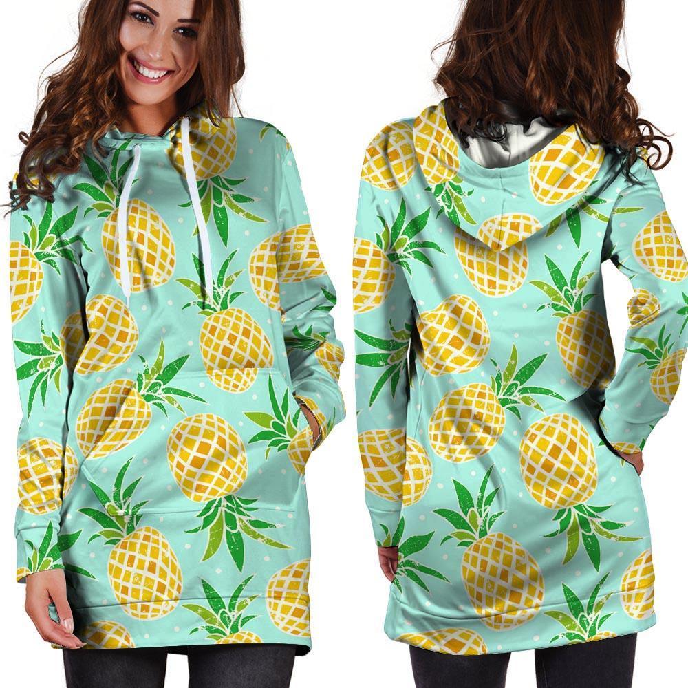 Blue Pineapple Print Hoodie Dress-grizzshop