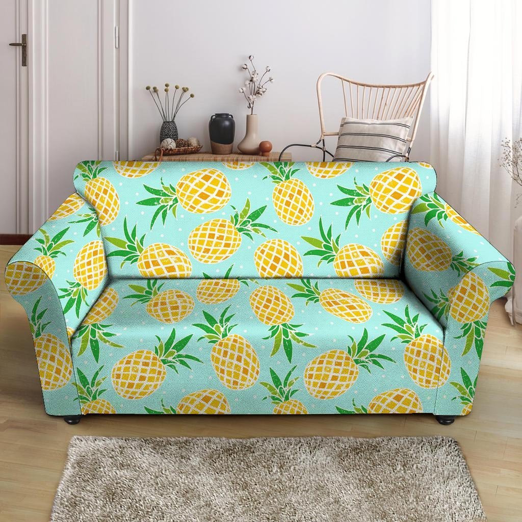 Blue Pineapple Print Loveseat Cover-grizzshop