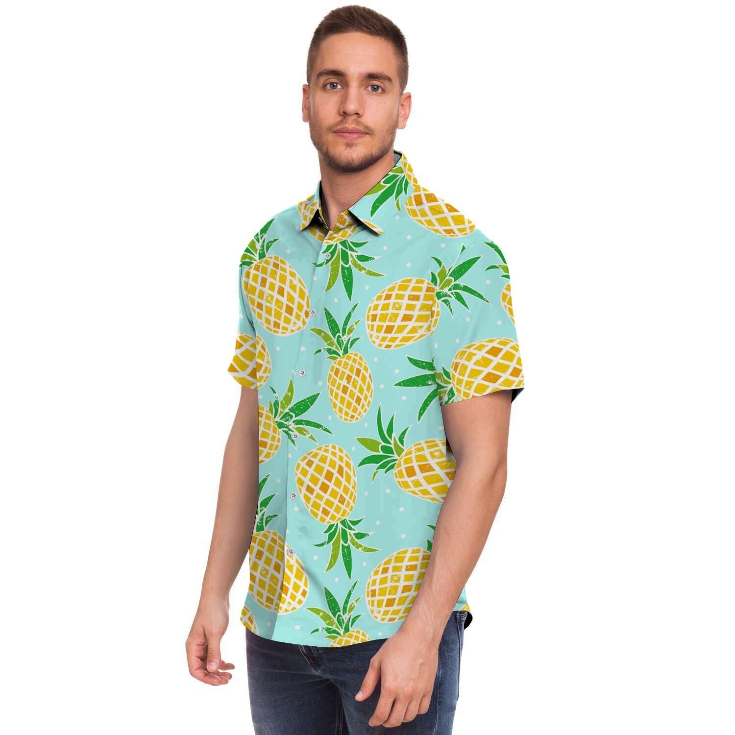 Blue Pineapple Print Men's Short Sleeve Shirt-grizzshop