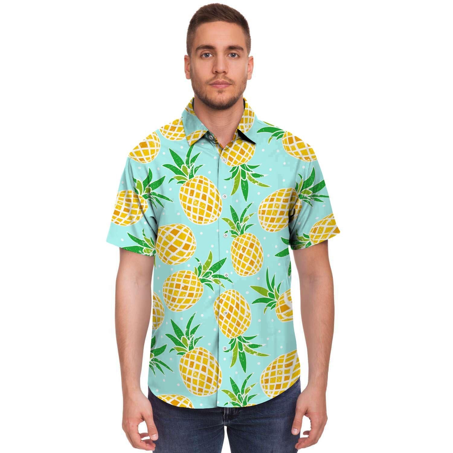 Blue Pineapple Print Men's Short Sleeve Shirt-grizzshop