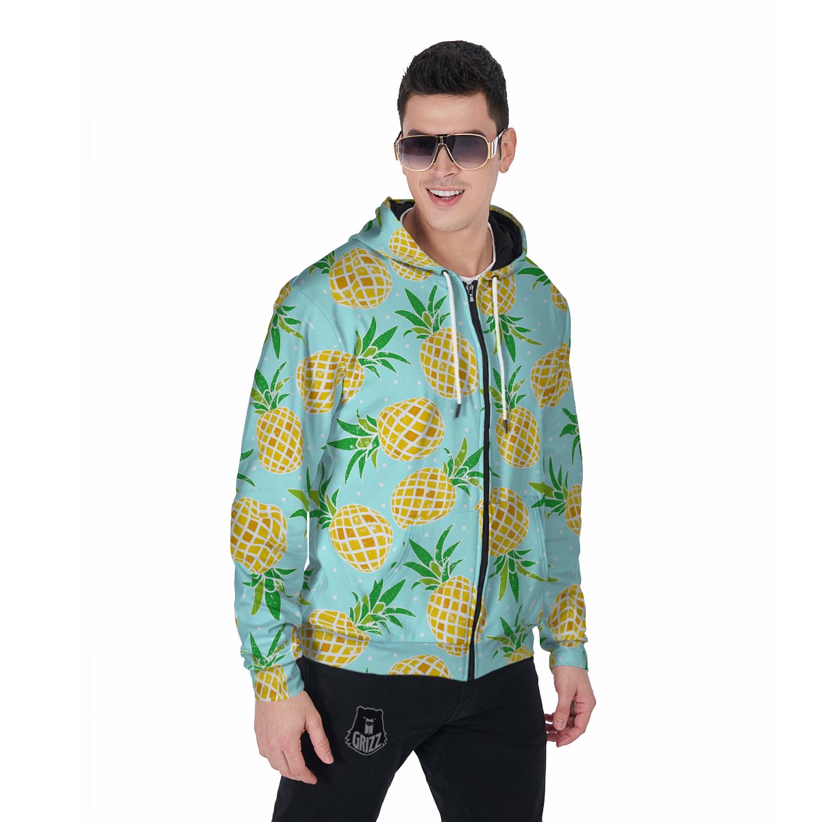 Blue Pineapple Print Men's Zip Up Hoodie-grizzshop