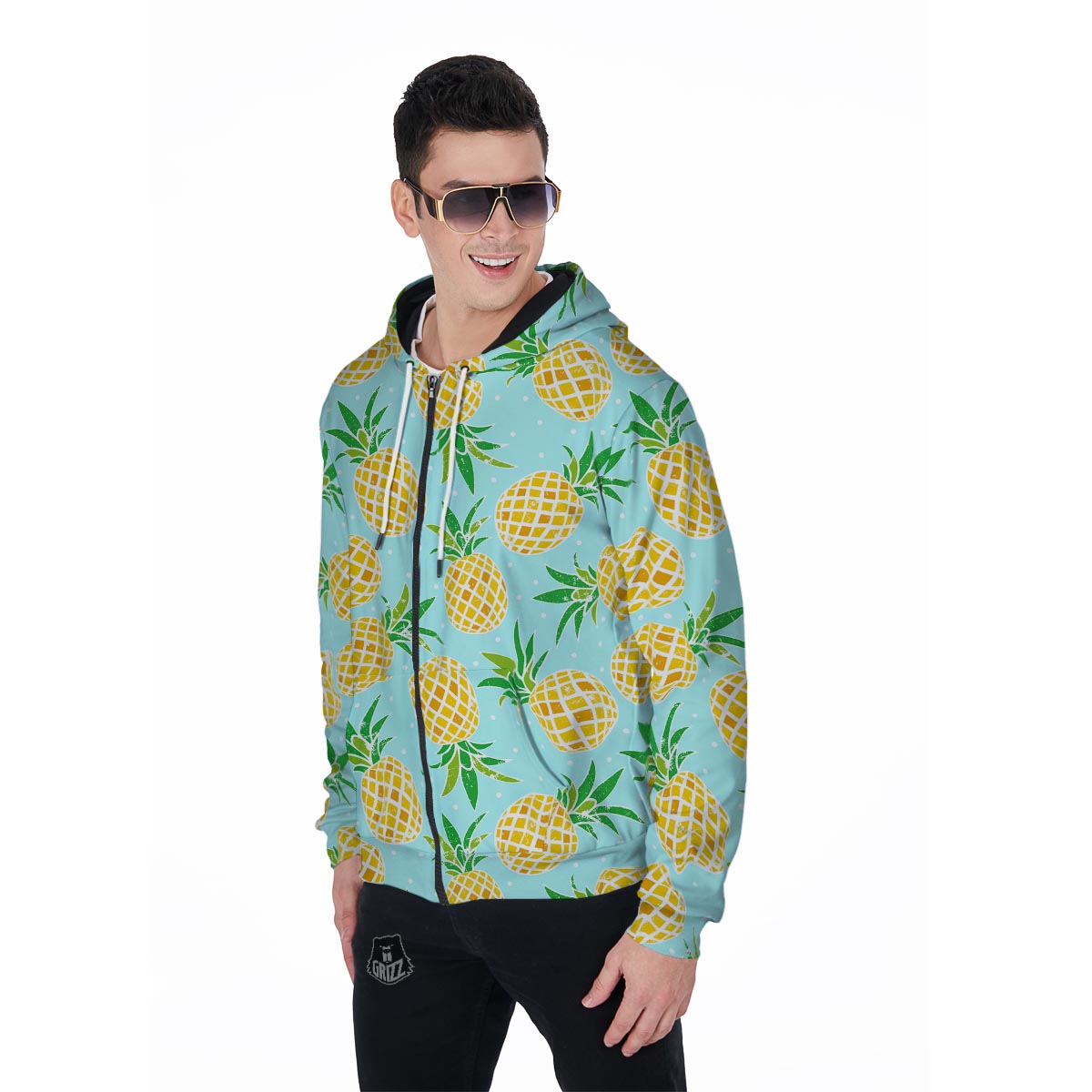 Blue Pineapple Print Men's Zip Up Hoodie-grizzshop