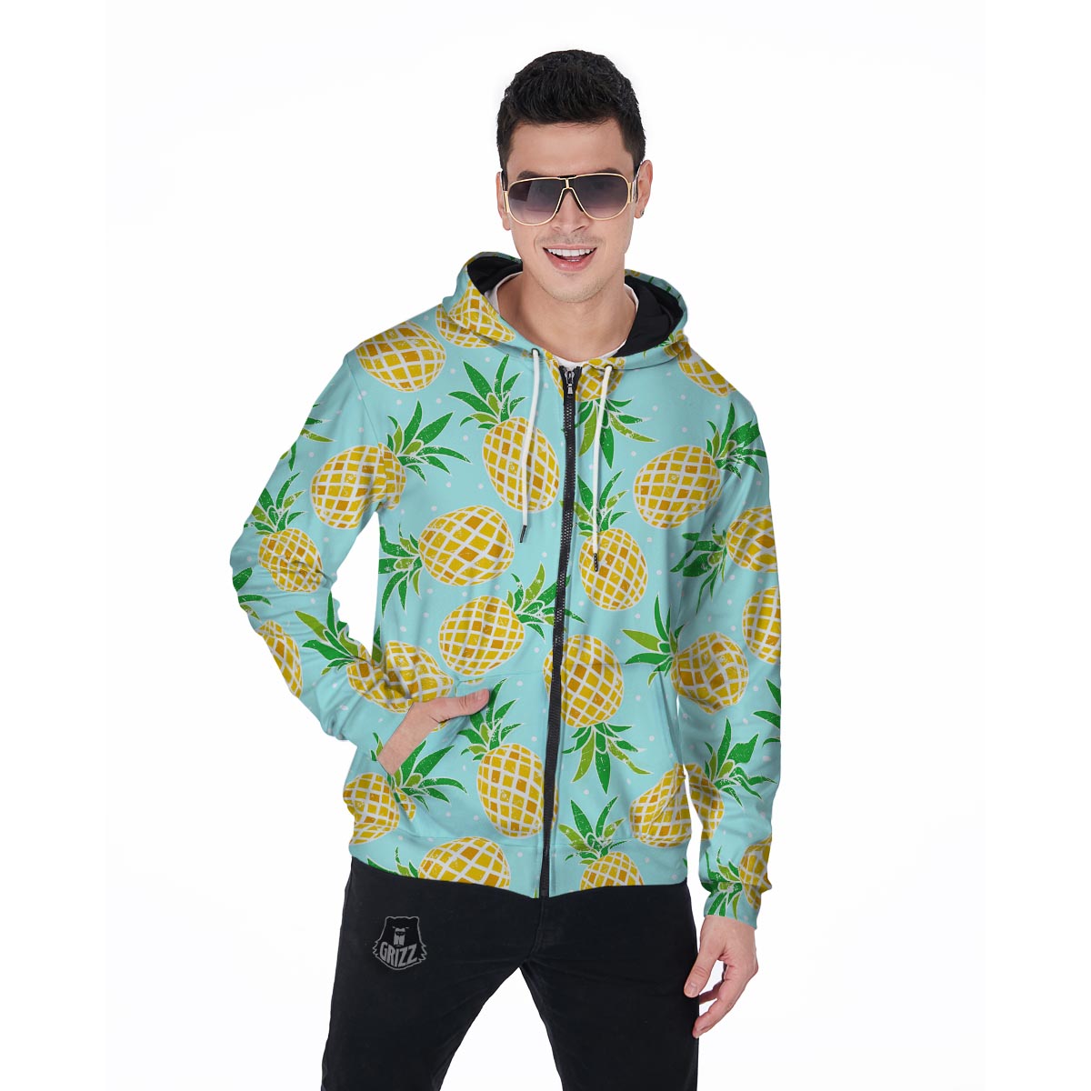 Blue Pineapple Print Men's Zip Up Hoodie-grizzshop