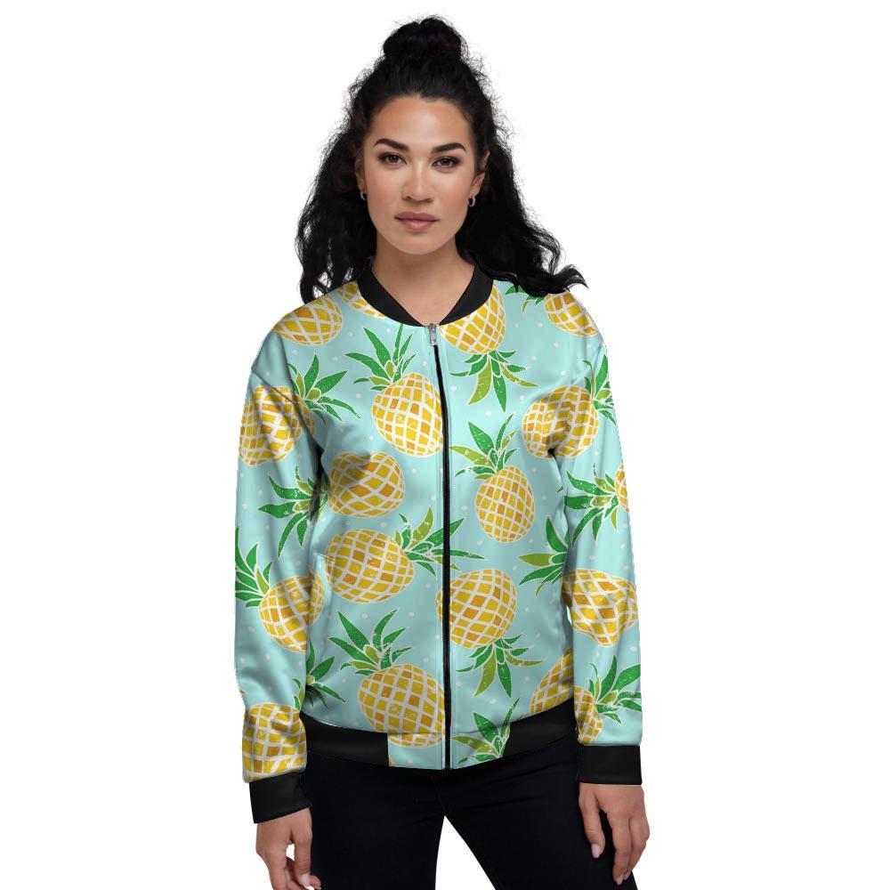 Blue Pineapple Print Women's Bomber Jacket-grizzshop