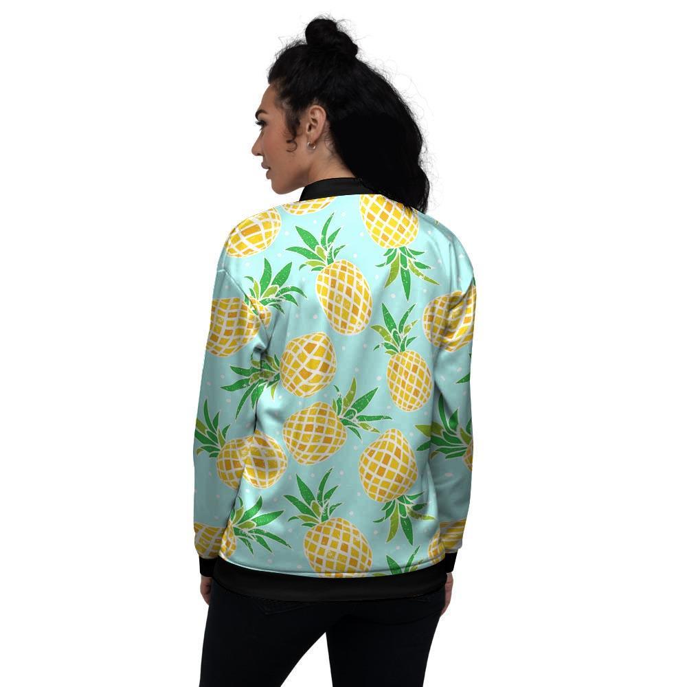 Blue Pineapple Print Women's Bomber Jacket-grizzshop