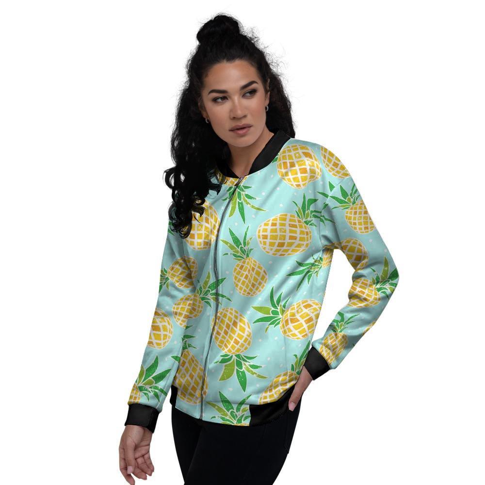 Blue Pineapple Print Women's Bomber Jacket-grizzshop