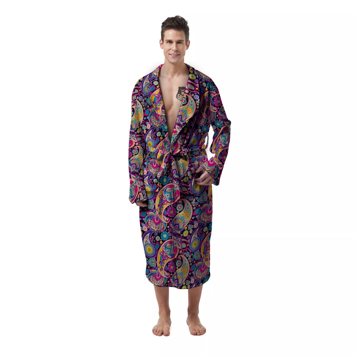 Blue Pink And Green Paisley Print Men's Robe-grizzshop
