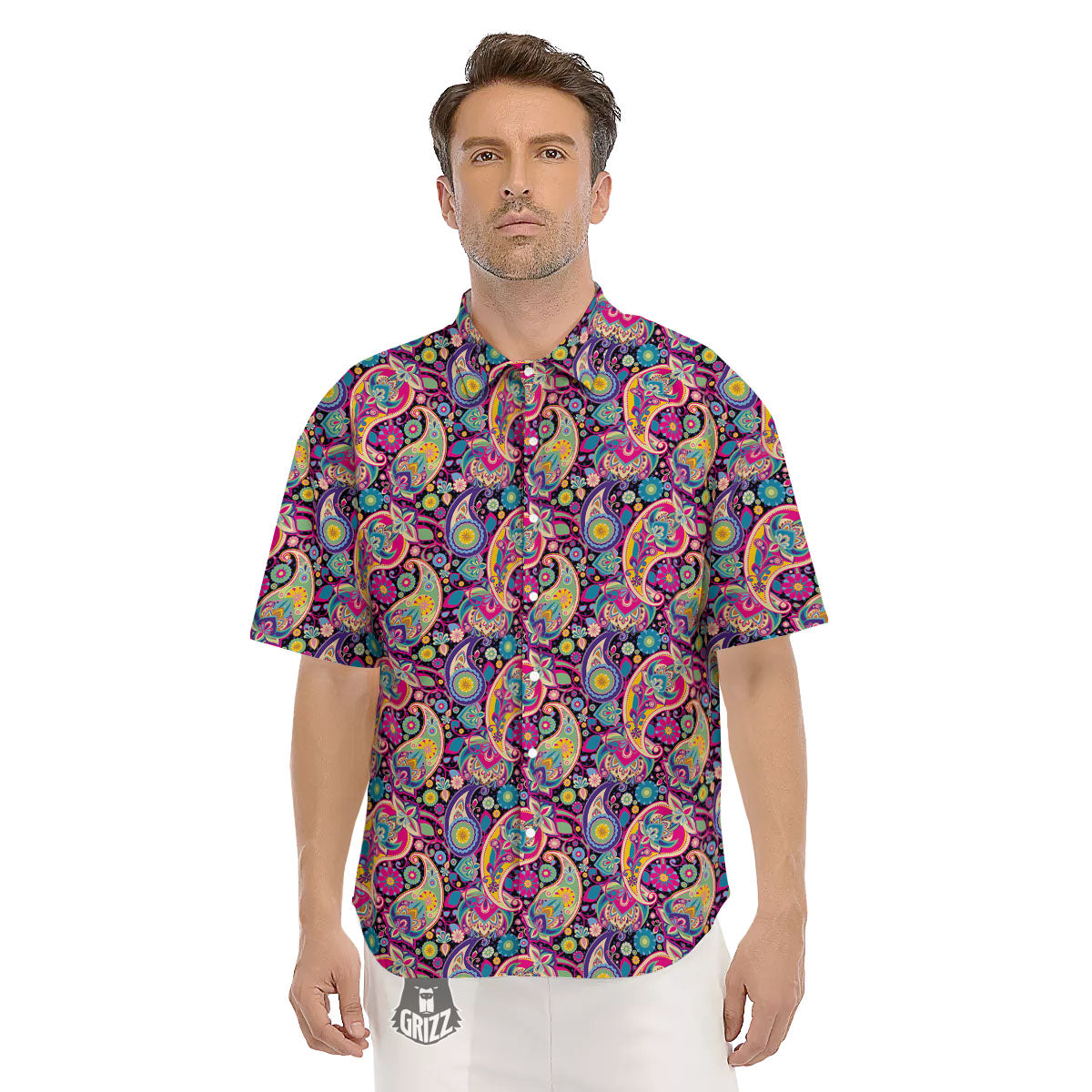 Blue Pink And Green Paisley Print Men's Short Sleeve Shirts-grizzshop