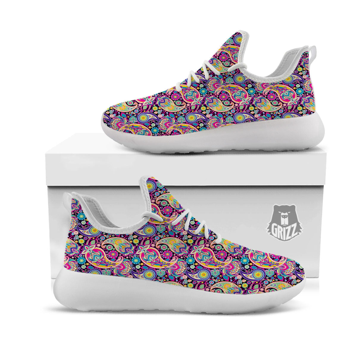 Blue Pink And Green Paisley Print White Athletic Shoes-grizzshop