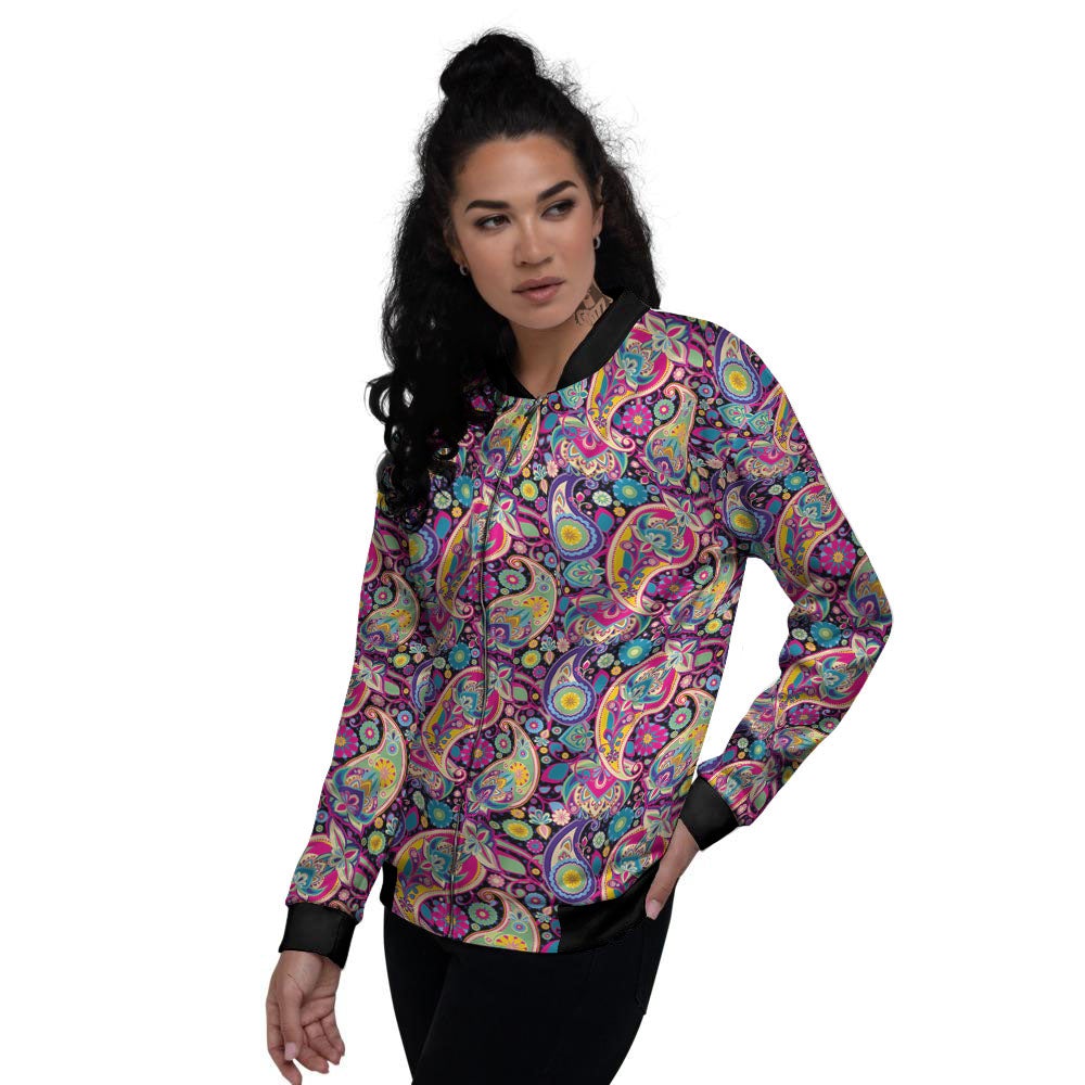 Blue Pink And Green Paisley Print Women's Bomber Jacket-grizzshop